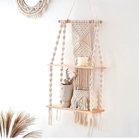 Boho Handcrafted Cream Macrame Wall Shelf - Picture 2 of 5